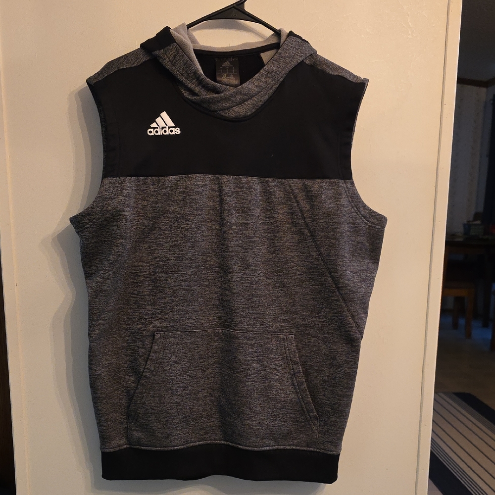 Adidas Men's Black and Gray Sleeveless Hoodie